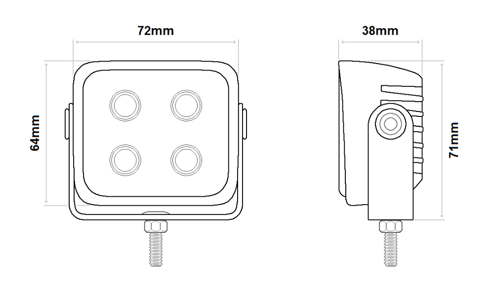 DBG 4-LED Compact Square Reverse/Work Light | Flood Beam | 800lm | Fly Lead | Pack of 1 - [711.014]