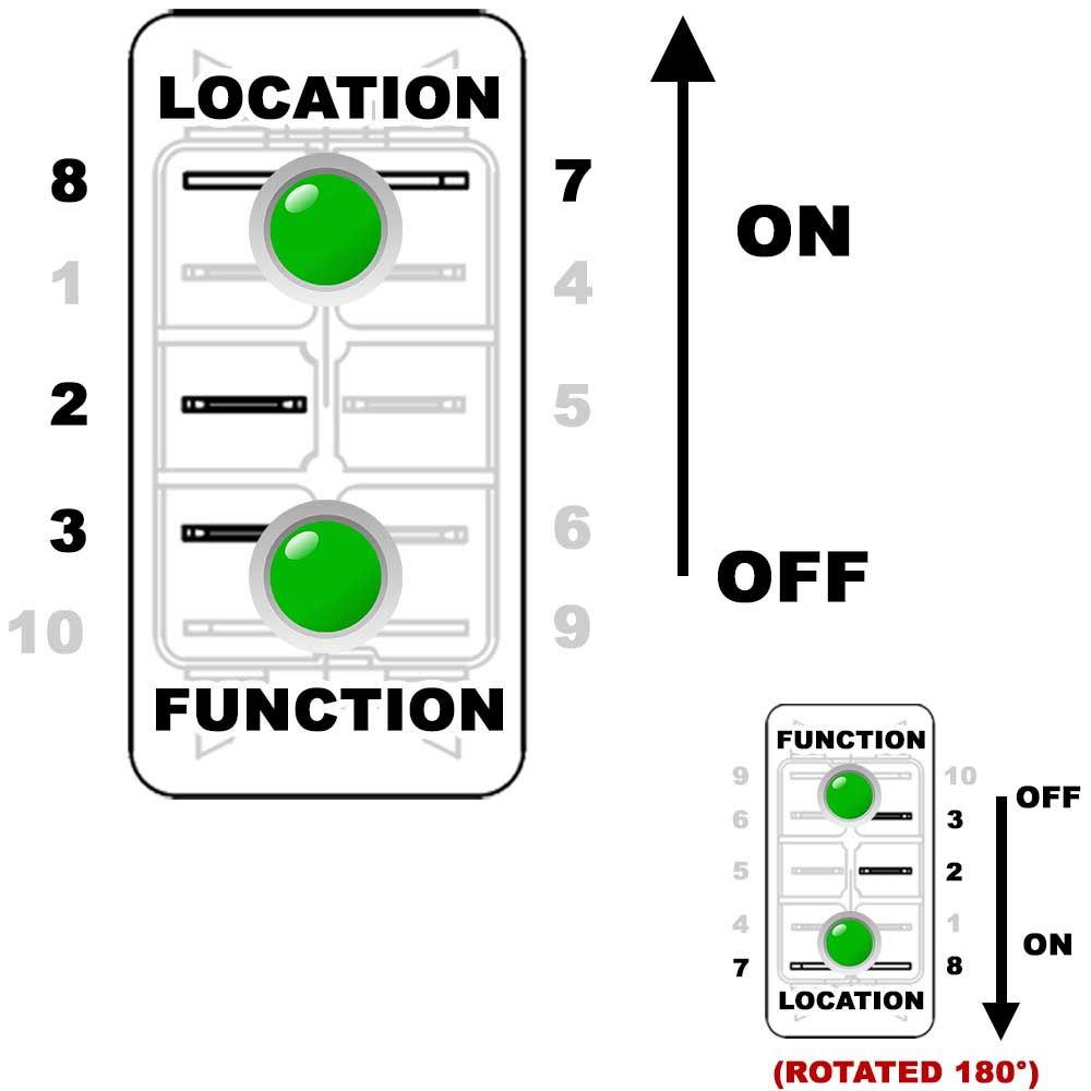 Carling V-Series Rocker Switch Base | 24V | ON/OFF | SP | 2xLED Green/Green (Location/Function) | Pack of 1 - [273.208]