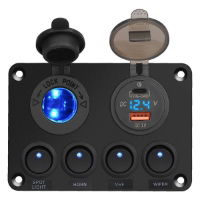 DBG 4x ON/OFF Mini Rocker Switches w/ 2x USB, Cig Socket & Voltmeter | 12V | SP | Blue - [270.140]