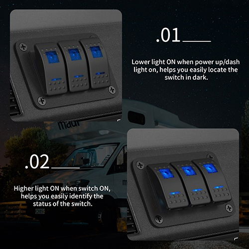 DBG 3x ON/OFF Rocker Switches w/ Mounting Panel | 12/24V | SP | Blue/Blue | Square Lens & Bar - [270.142]