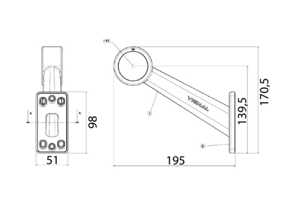 Vignal DX Series End Outline Marker Light - 60° Stalk | Fly Lead [D10642]