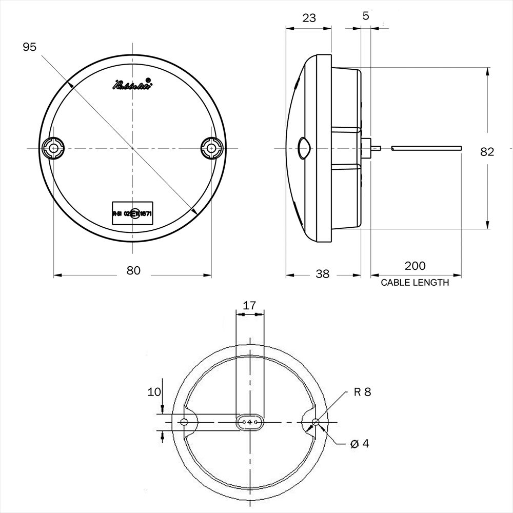 Rubbolite M837 Series 12/24V Round LED Rear Fog Light | 95mm | Fly Lead - [837/13/00] - Line Drawing