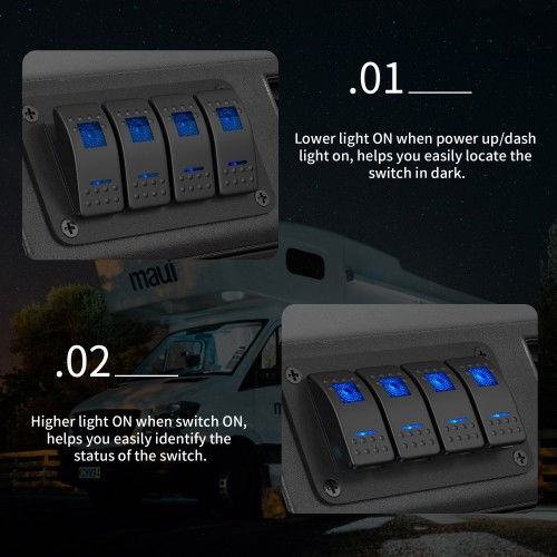 DBG 4x ON/OFF Rocker Switches w/ Mounting Panel | 12/24V | SP | Blue/Blue | Square Lens & Bar - [270.144]