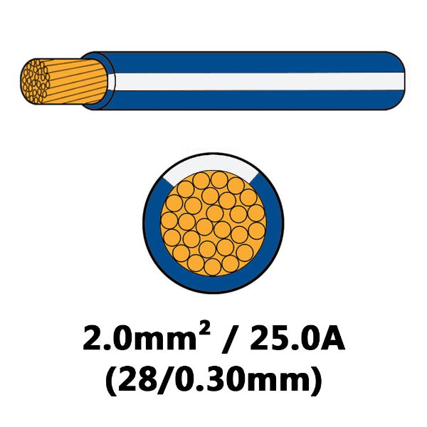 DBG 25A (2mm²) BLUE/WHITE Single Core Thin Wall Automotive Cable | 100m - [540.4104HT/100UW]
