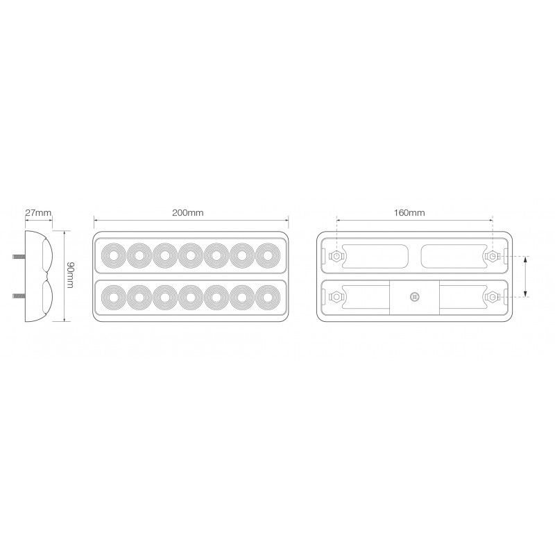 LED Autolamps 207 Series 12V Slim-line LED Rear Combination Light | 200mm | Left/Right | S/T/I - [207BARPE] - Line Drawing