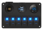 DBG 6x ON/OFF Rocker Switches w/ 2x USB, Cig Socket & Voltmeter | 12/24V | SP | Blue/Blue | Square Lens & Bar - [270.141]