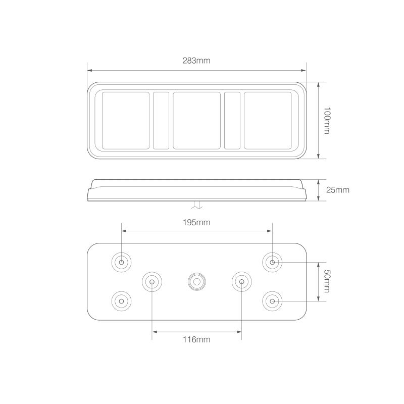 LED Autolamps 283 Series 12/24V LED Rear Combination Light w/ Reflex | 283mm | Left/Right | S/T/I w/ Fog - [283FARM] - Line Drawing