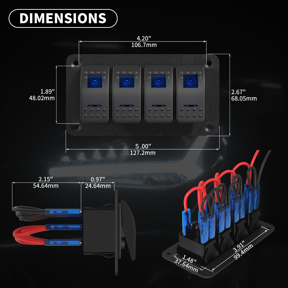 DBG 4x ON/OFF Rocker Switches w/ Mounting Panel | 12/24V | SP | Blue/Blue | Square Lens & Bar - [270.144]