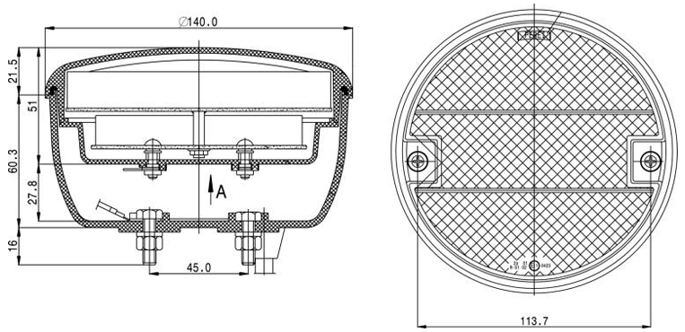 LITE-wire/Perei 800 Series 12V Round LED Stop/Tail Light | 140mm | Blade Terminals | Red - [SL800LED-12V] - Line Drawing