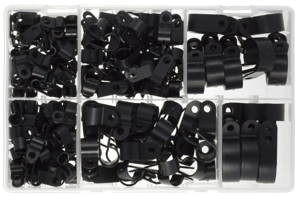 DBG 1023.DB29 ASSORTED (4.8-27.9mm) BLACK Nylon P-Clips - Box of 200