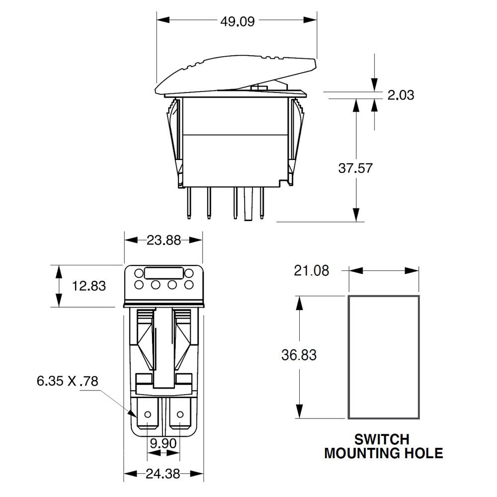 Carling V-Series Rocker Switch Base | 24V | ON/OFF | SP | 2xLED Green/Green (Location/Function) | Pack of 1 - [273.208]